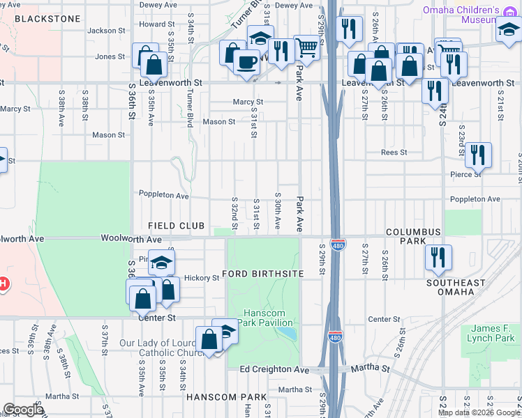 map of restaurants, bars, coffee shops, grocery stores, and more near in Omaha