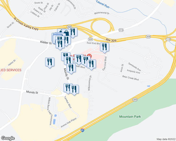 map of restaurants, bars, coffee shops, grocery stores, and more near 3 Bear Creek Boulevard in Wilkes-Barre
