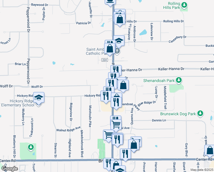 map of restaurants, bars, coffee shops, grocery stores, and more near 1060 Pearl Road in Brunswick