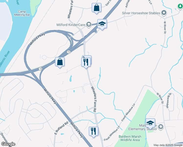 map of restaurants, bars, coffee shops, grocery stores, and more near 523 Wheelers Farm Road in Milford