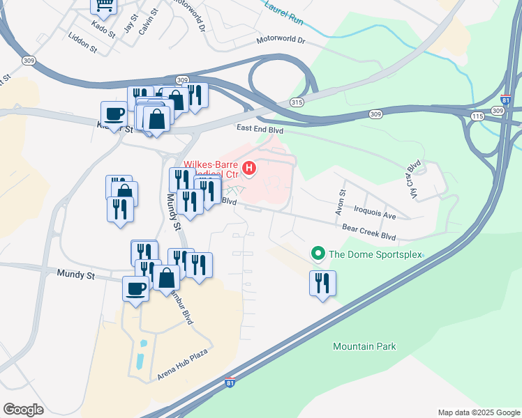 map of restaurants, bars, coffee shops, grocery stores, and more near 1 Princeton Court in Wilkes-Barre