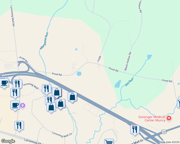 map of restaurants, bars, coffee shops, grocery stores, and more near 677 Pond Road in Muncy
