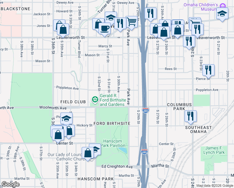 map of restaurants, bars, coffee shops, grocery stores, and more near 3008 Poppleton Avenue in Omaha