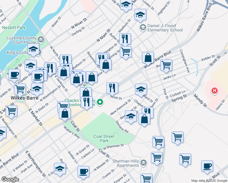 map of restaurants, bars, coffee shops, grocery stores, and more near 3 Kidder Street in Wilkes-Barre