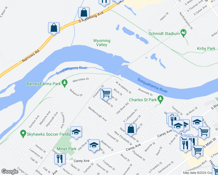 map of restaurants, bars, coffee shops, grocery stores, and more near 100 Birch Street in Wilkes-Barre