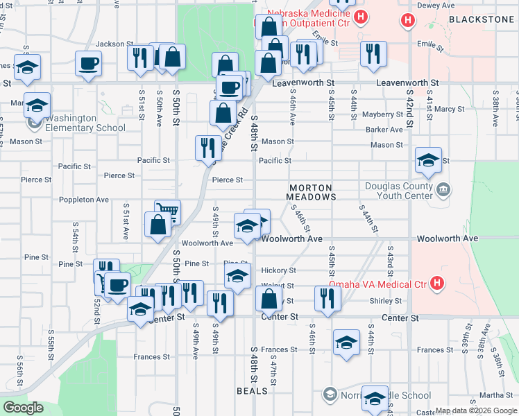 map of restaurants, bars, coffee shops, grocery stores, and more near 4685 Poppleton Avenue in Omaha