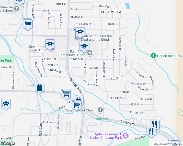 map of restaurants, bars, coffee shops, grocery stores, and more near 1014 Peach Drive in Ogden
