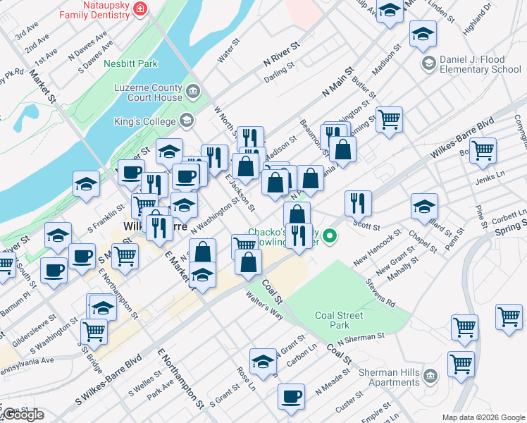 map of restaurants, bars, coffee shops, grocery stores, and more near 78 E Jackson St in Wilkes-Barre