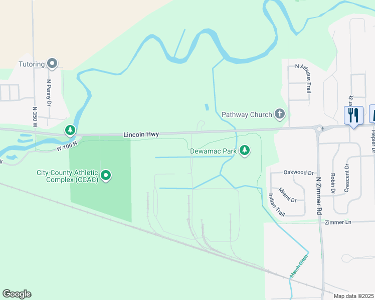 map of restaurants, bars, coffee shops, grocery stores, and more near Chinworth Bridge Trail in Warsaw