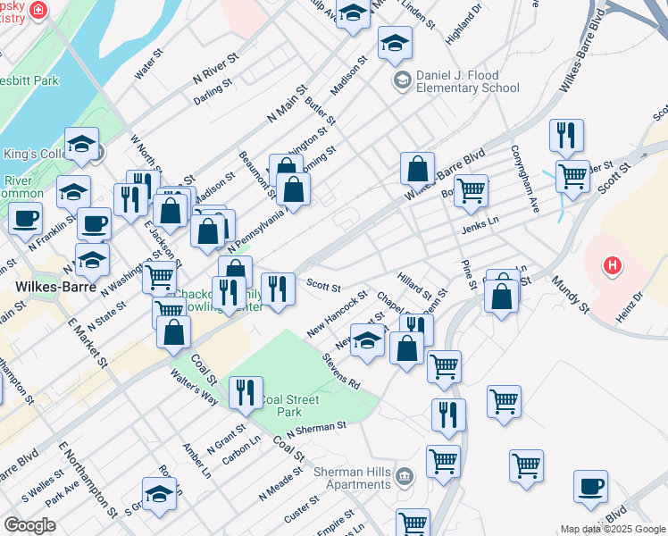 map of restaurants, bars, coffee shops, grocery stores, and more near 20 Kidder Street in Wilkes-Barre