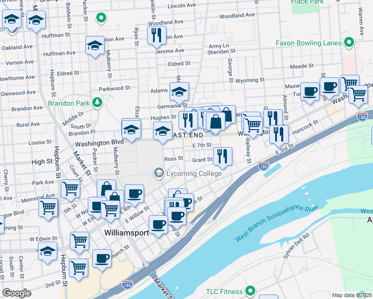 map of restaurants, bars, coffee shops, grocery stores, and more near 705-799 Penn Street in Williamsport