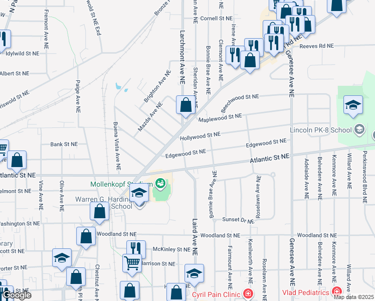 map of restaurants, bars, coffee shops, grocery stores, and more near 1114 Hollywood Street Northeast in Warren