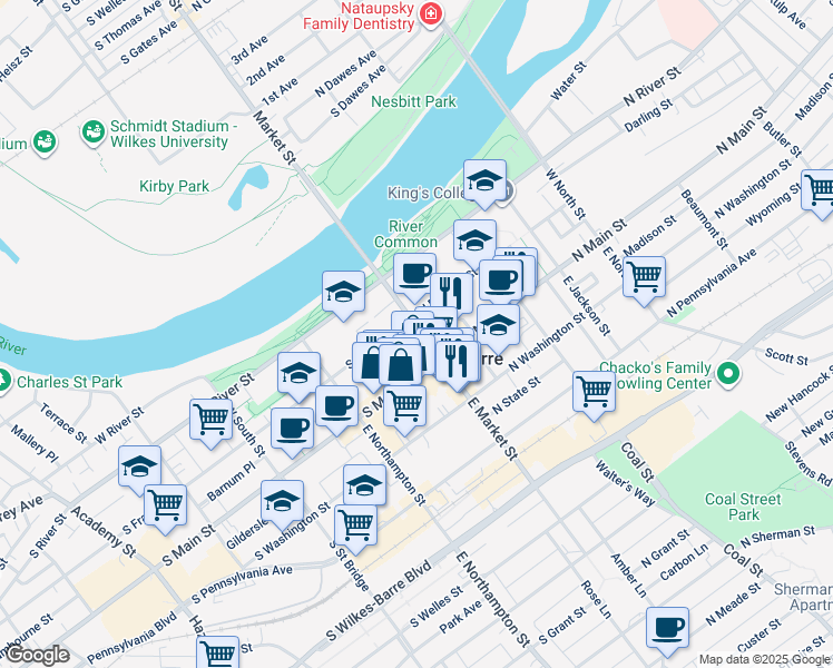 map of restaurants, bars, coffee shops, grocery stores, and more near 79 West Market Street in Wilkes-Barre