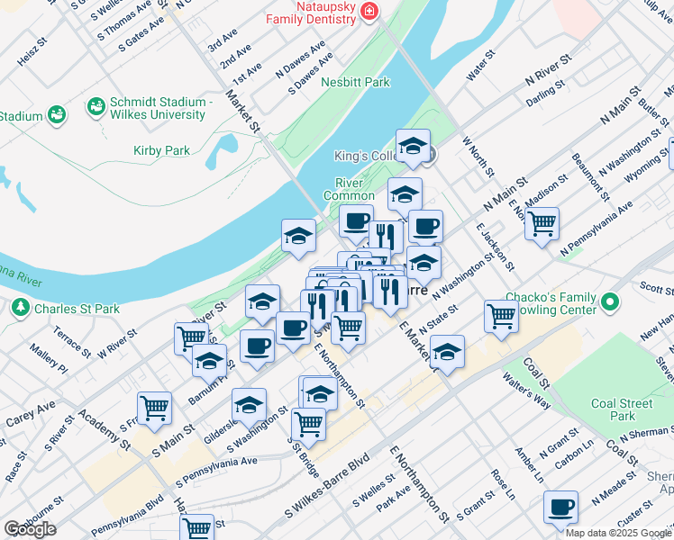 map of restaurants, bars, coffee shops, grocery stores, and more near 27-29 North Franklin Street in Wilkes-Barre
