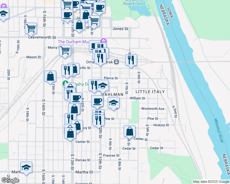 map of restaurants, bars, coffee shops, grocery stores, and more near in Omaha