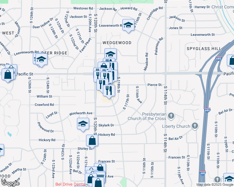 map of restaurants, bars, coffee shops, grocery stores, and more near 1214 South 118th Street in Omaha