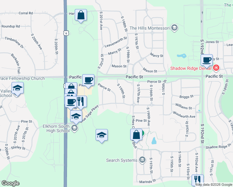 map of restaurants, bars, coffee shops, grocery stores, and more near 20002 Pierce Street in Douglas County