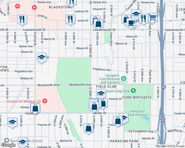 map of restaurants, bars, coffee shops, grocery stores, and more near 1306 South 35th Avenue in Omaha