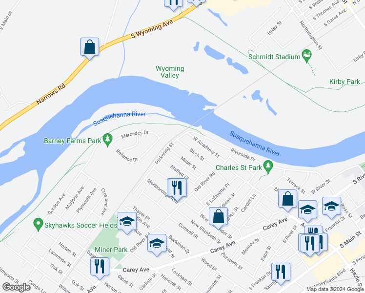 map of restaurants, bars, coffee shops, grocery stores, and more near 100 Birch Street in Wilkes-Barre