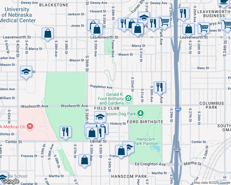 map of restaurants, bars, coffee shops, grocery stores, and more near 3307 Poppleton Avenue in Omaha