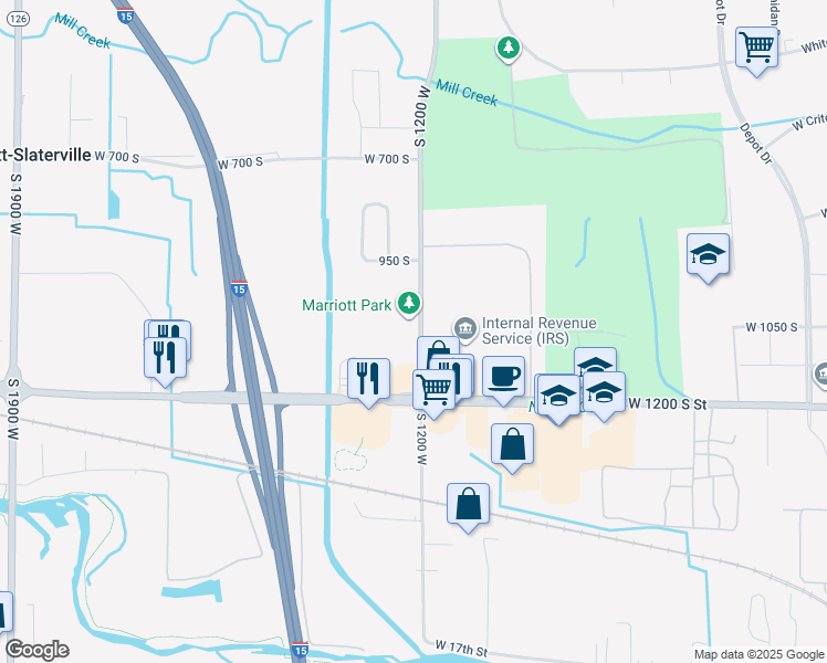 map of restaurants, bars, coffee shops, grocery stores, and more near 1045 South 1200 West in Ogden
