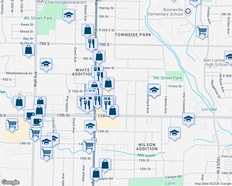 map of restaurants, bars, coffee shops, grocery stores, and more near 1000 Adams Avenue in Ogden