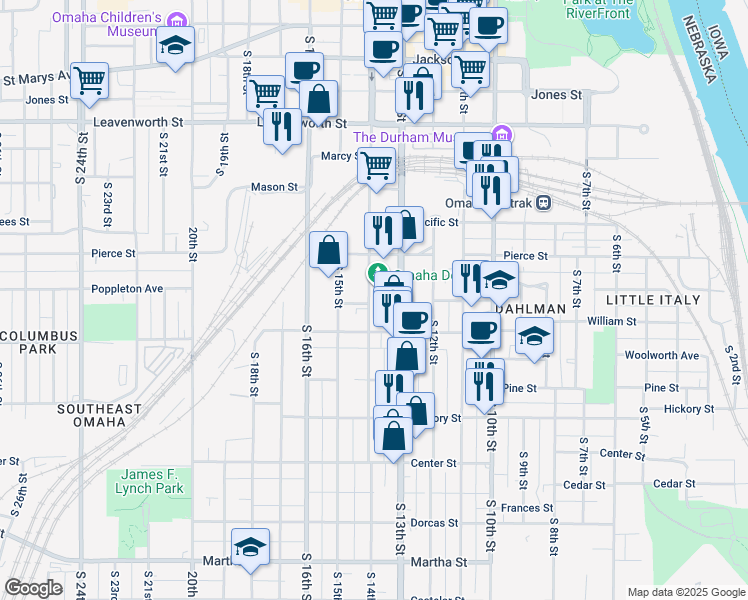 map of restaurants, bars, coffee shops, grocery stores, and more near 1239 South 14th Street in Omaha