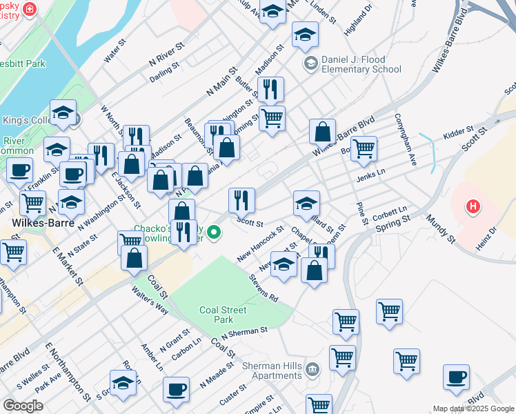 map of restaurants, bars, coffee shops, grocery stores, and more near 20 Kidder Street in Wilkes-Barre