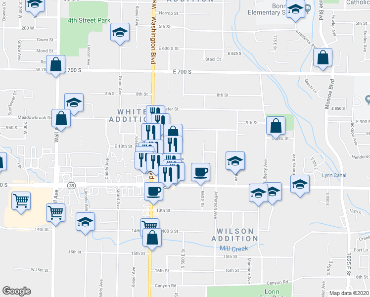map of restaurants, bars, coffee shops, grocery stores, and more near 1000 Adams Avenue in Ogden