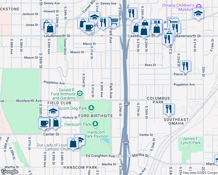 map of restaurants, bars, coffee shops, grocery stores, and more near 1306 Park Avenue in Omaha