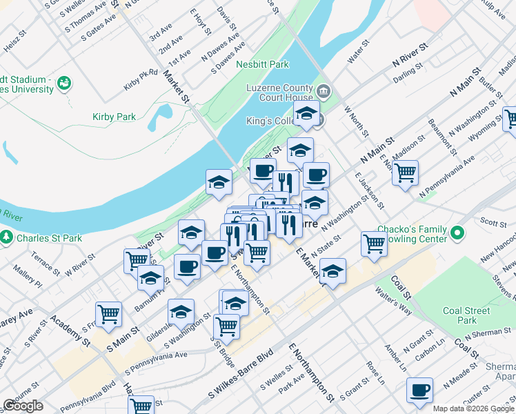 map of restaurants, bars, coffee shops, grocery stores, and more near 27-29 North Franklin Street in Wilkes-Barre