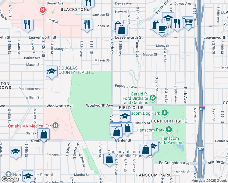 map of restaurants, bars, coffee shops, grocery stores, and more near 1317 South 36th Street in Omaha