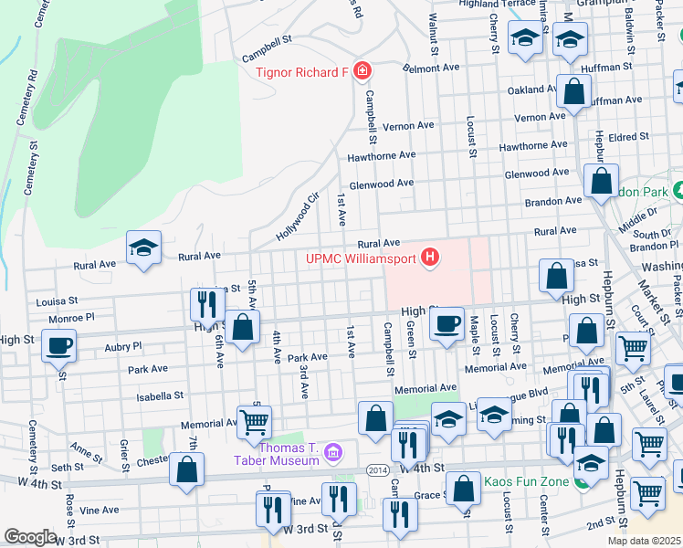 map of restaurants, bars, coffee shops, grocery stores, and more near 800 1st Avenue in Williamsport
