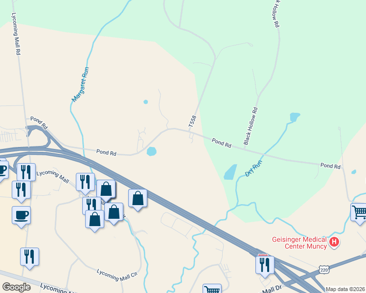 map of restaurants, bars, coffee shops, grocery stores, and more near 804 Pond Road in Muncy