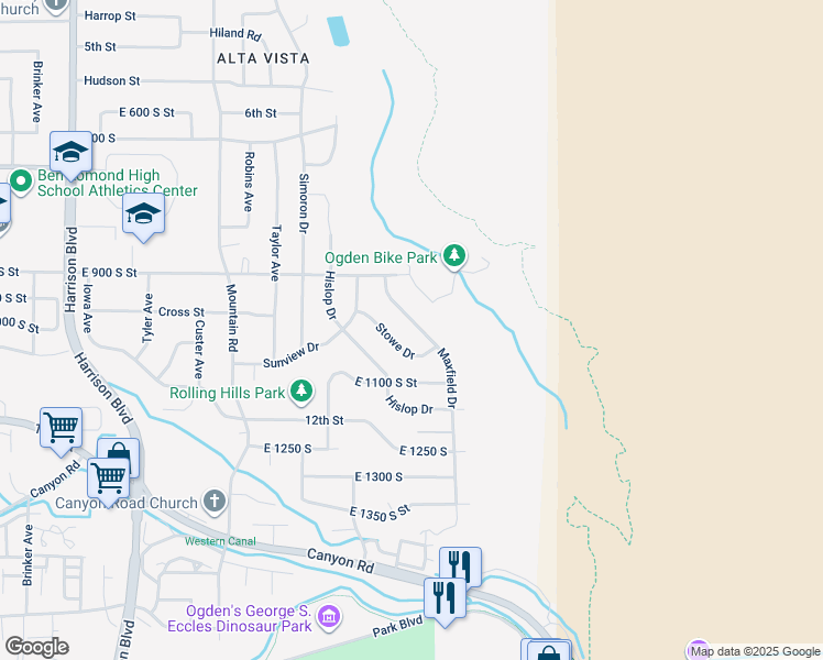 map of restaurants, bars, coffee shops, grocery stores, and more near 1006 Maxfield Drive in Ogden