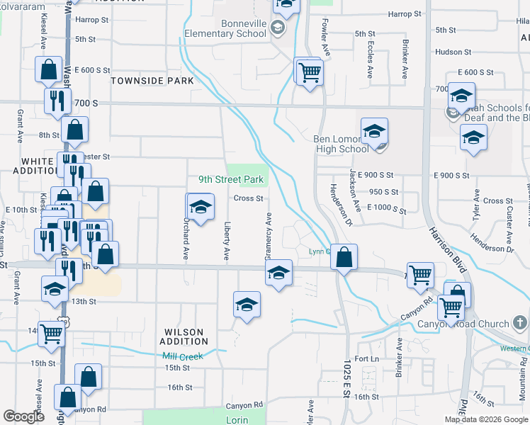 map of restaurants, bars, coffee shops, grocery stores, and more near 807 Cross Street in Ogden