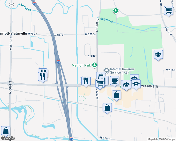 map of restaurants, bars, coffee shops, grocery stores, and more near 1045 South 1200 West in Marriott-Slaterville