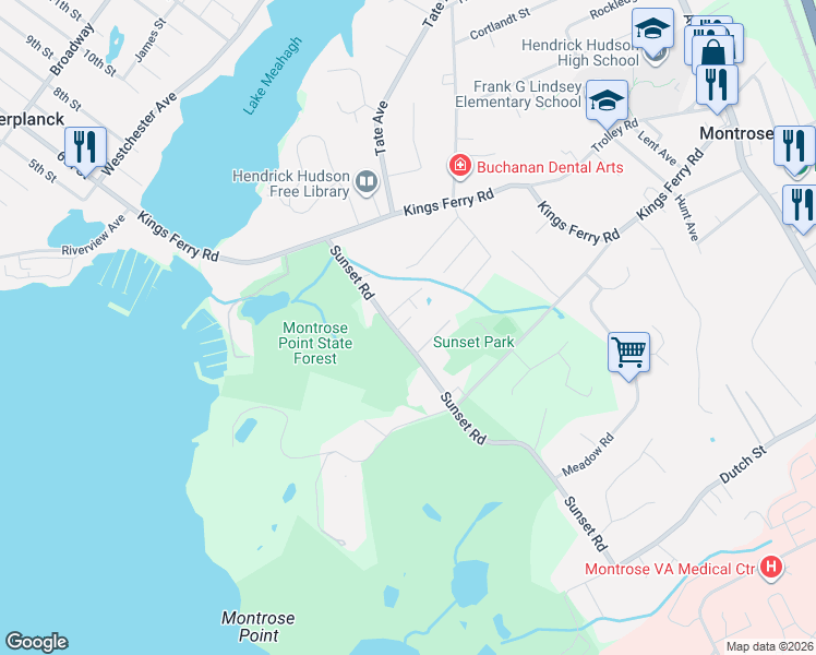 map of restaurants, bars, coffee shops, grocery stores, and more near 44 Sunset Road in Montrose