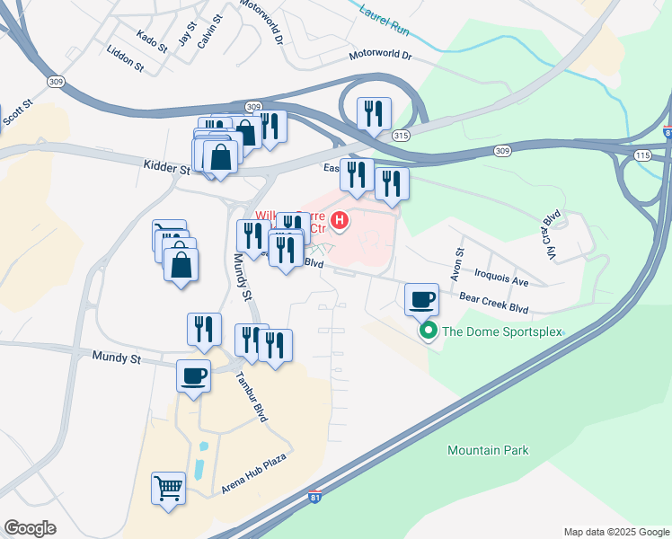 map of restaurants, bars, coffee shops, grocery stores, and more near 3 Bear Creek Boulevard in Wilkes-Barre