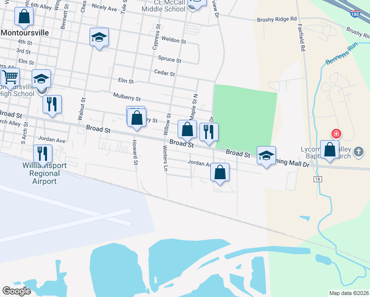map of restaurants, bars, coffee shops, grocery stores, and more near in Montoursville