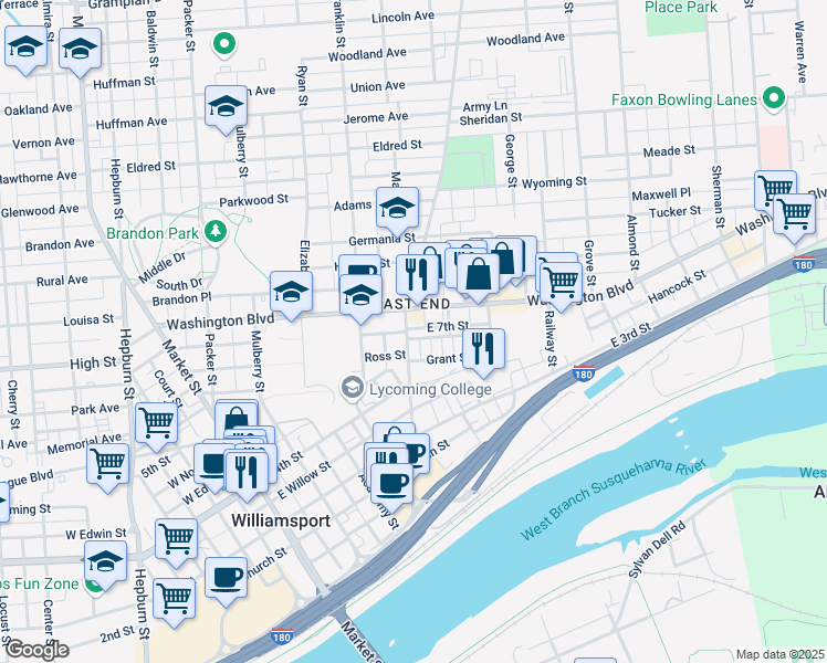 map of restaurants, bars, coffee shops, grocery stores, and more near 705-799 Penn Street in Williamsport