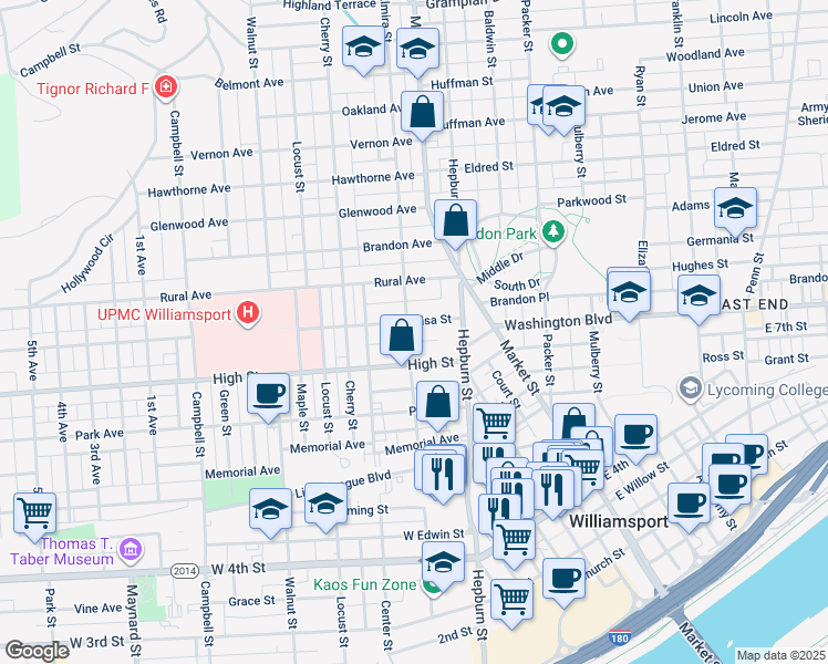 map of restaurants, bars, coffee shops, grocery stores, and more near 337 Louisa Street in Williamsport