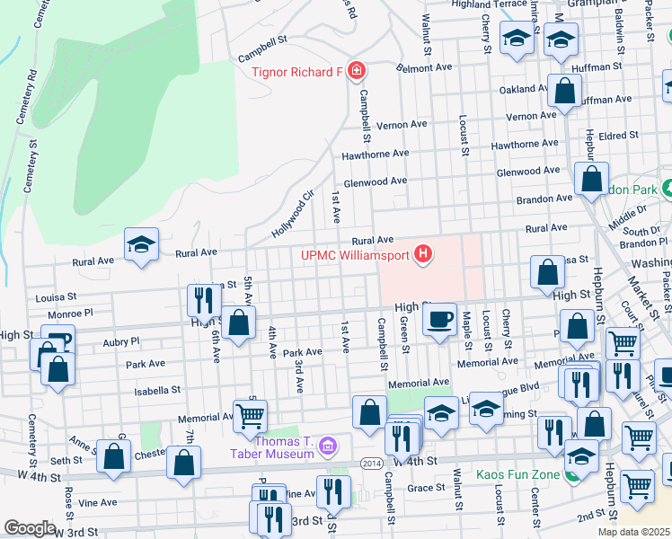 map of restaurants, bars, coffee shops, grocery stores, and more near 800 1st Avenue in Williamsport