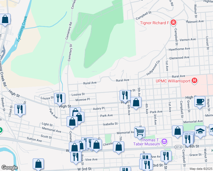 map of restaurants, bars, coffee shops, grocery stores, and more near Rural Avenue in Williamsport