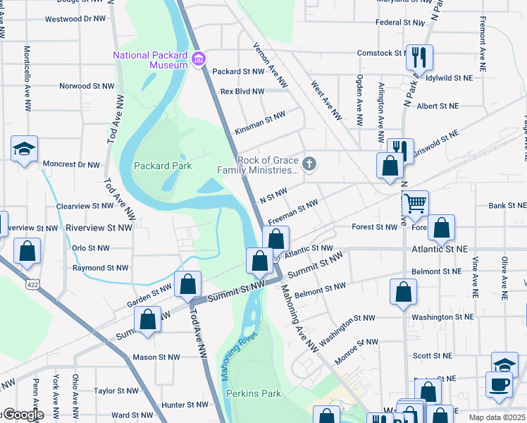 map of restaurants, bars, coffee shops, grocery stores, and more near 391 Mahoning Avenue Northwest in Warren
