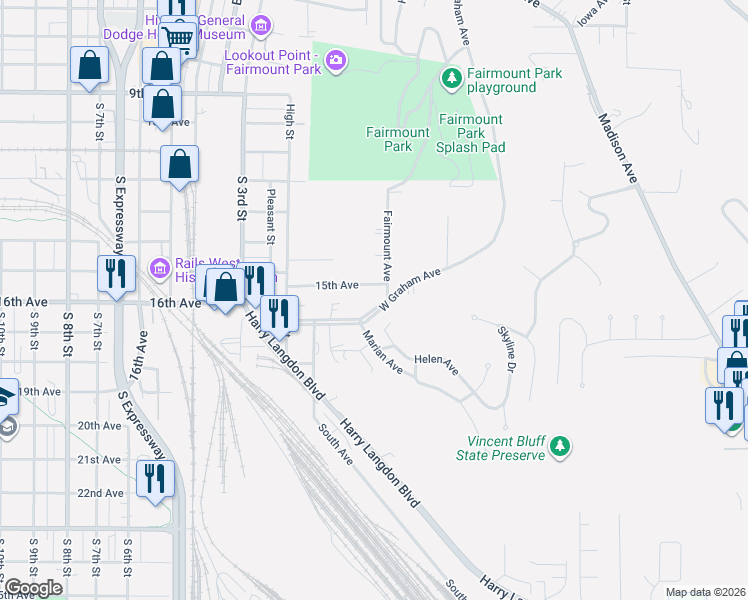 map of restaurants, bars, coffee shops, grocery stores, and more near 1504 Fairmount Avenue in Council Bluffs