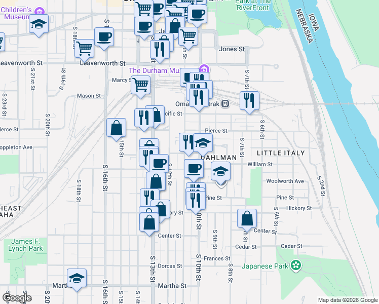 map of restaurants, bars, coffee shops, grocery stores, and more near 1226 South 10th Street in Omaha