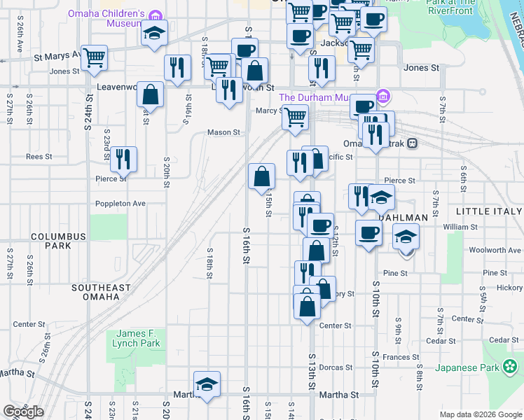 map of restaurants, bars, coffee shops, grocery stores, and more near 1223 South 16th Street in Omaha