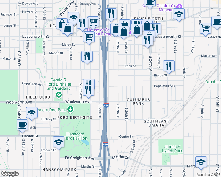 map of restaurants, bars, coffee shops, grocery stores, and more near 1303 South 28th Street in Omaha
