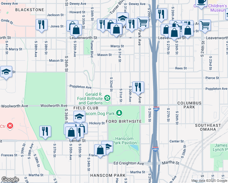 map of restaurants, bars, coffee shops, grocery stores, and more near 3124 Poppleton Avenue in Omaha